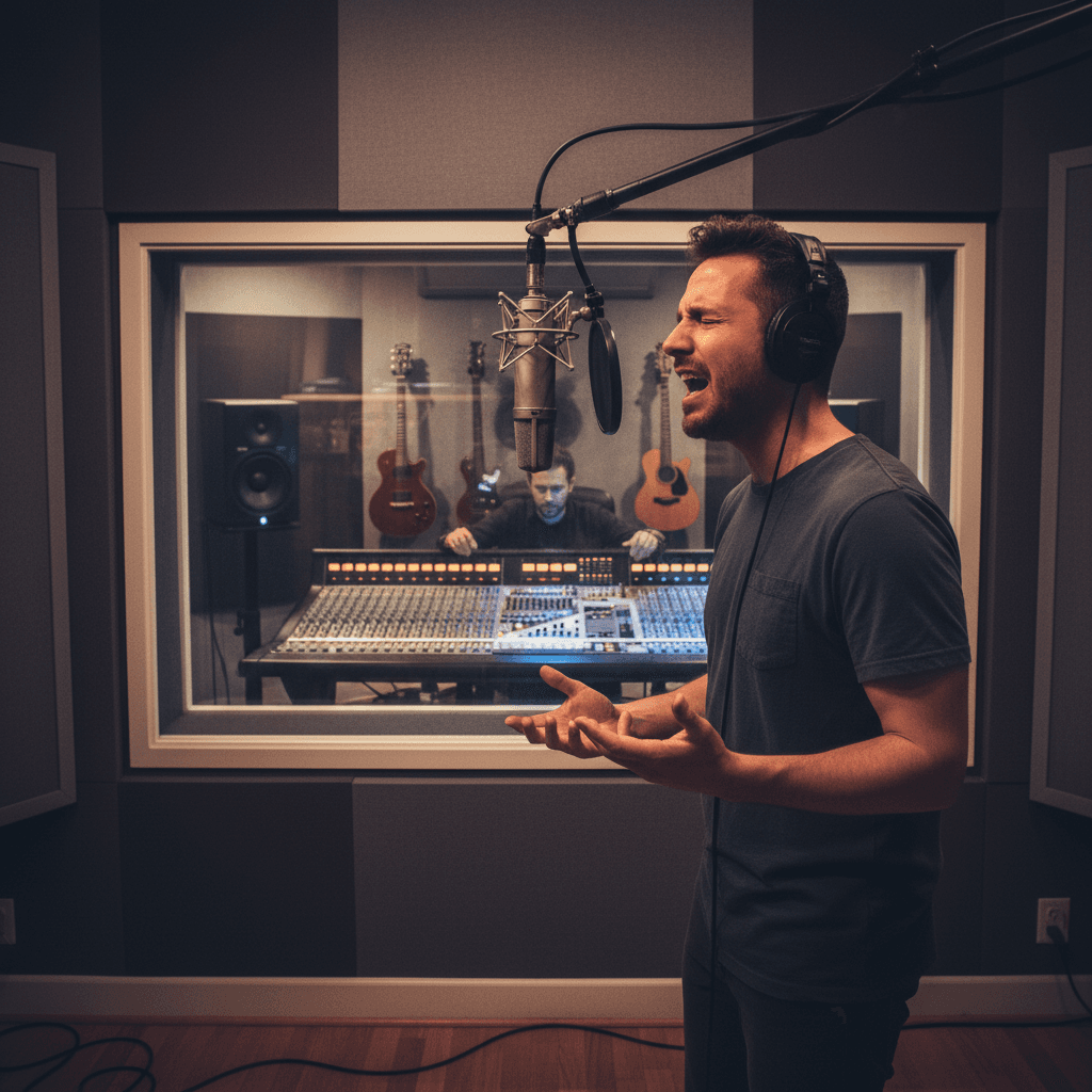 Artist recording session in professional studio