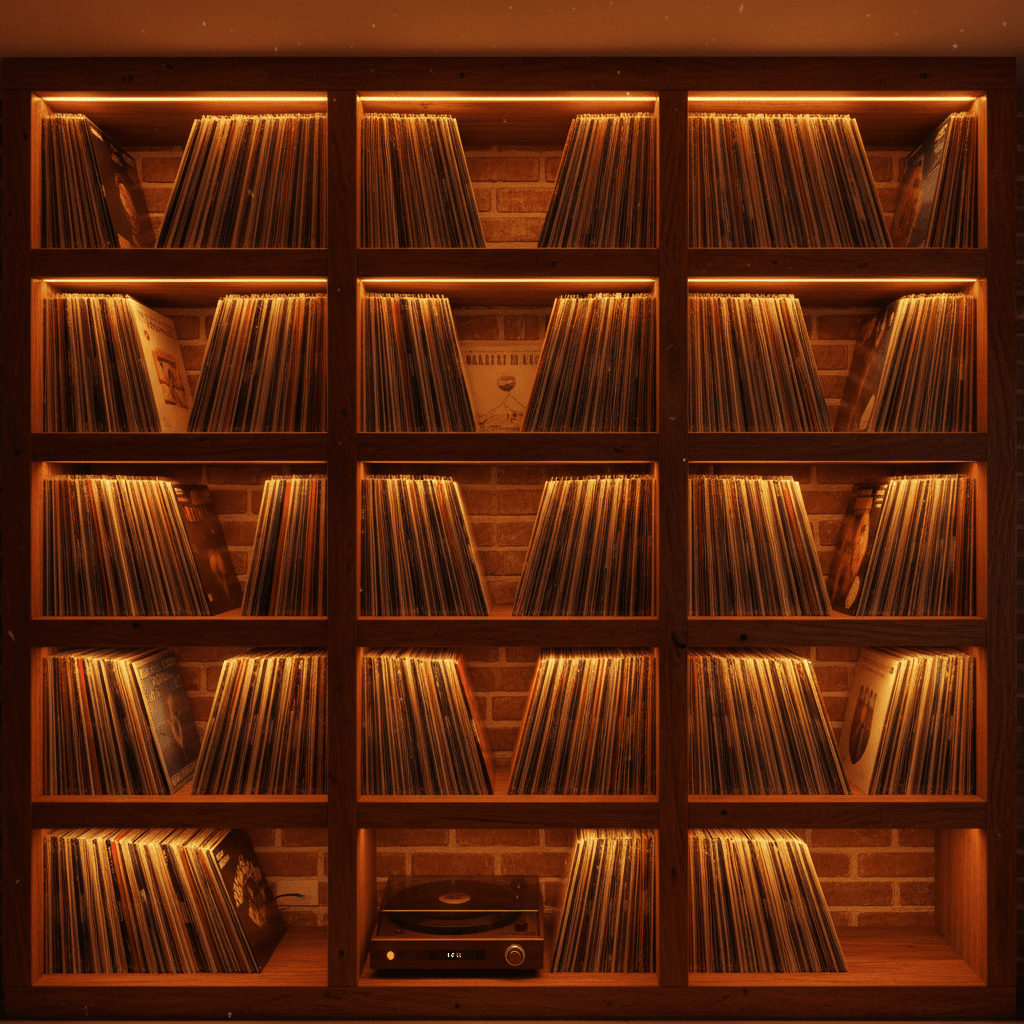 Vinyl record collection displayed on shelf