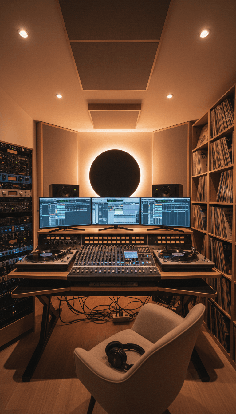Professional music studio setup with records and audio equipment