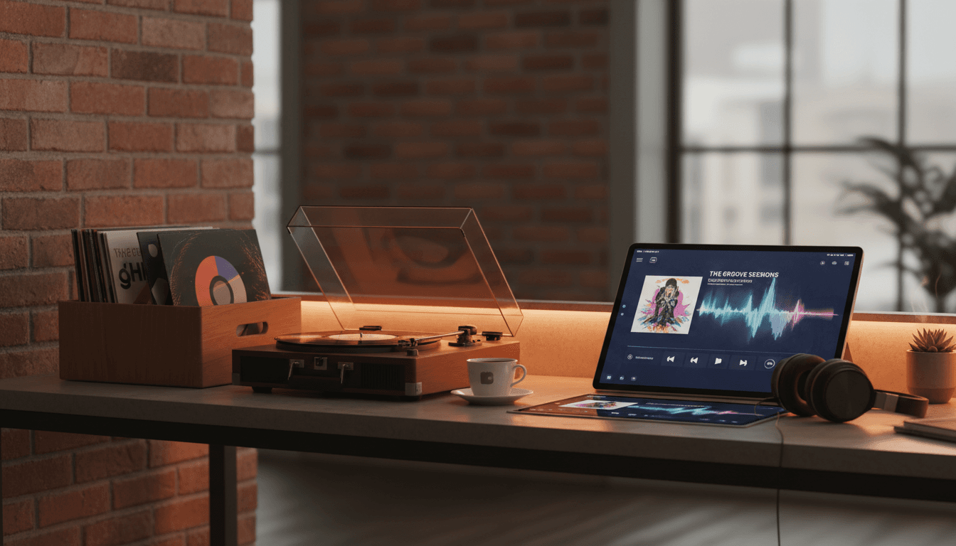 Vinyl records displayed alongside a digital music interface on a modern workspace