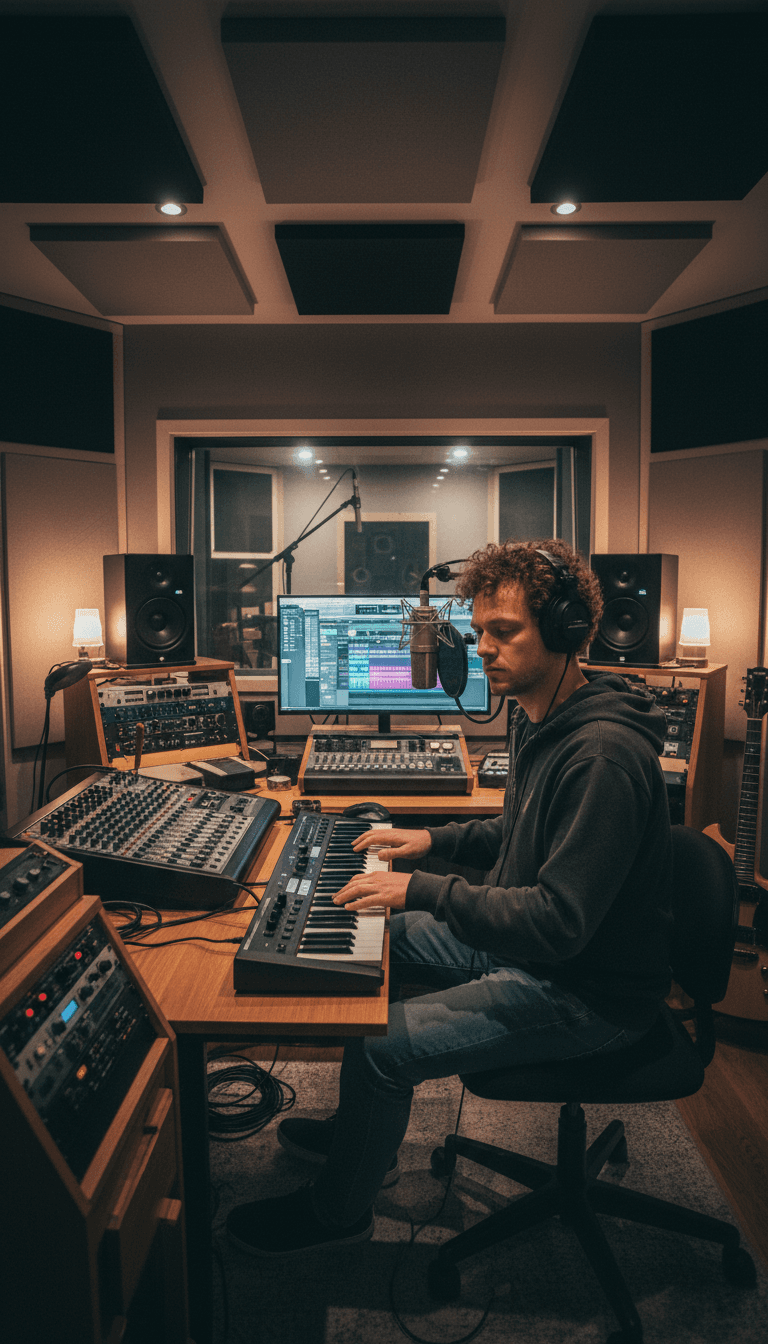 Musician working in professional recording studio