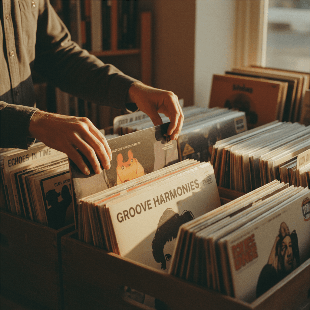 Music enthusiast exploring digital music and merchandise collection in a modern online store environment