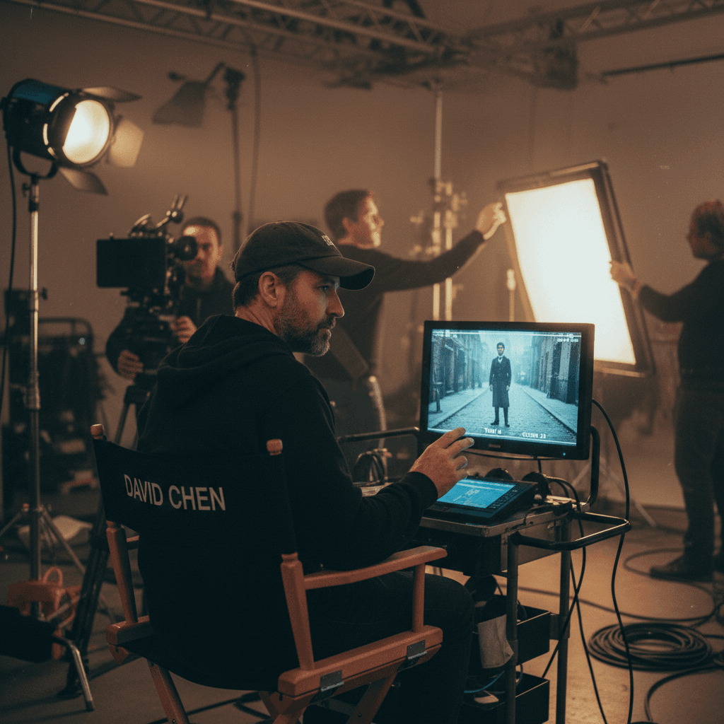 Film director reviewing footage with Unreal Records music soundtrack