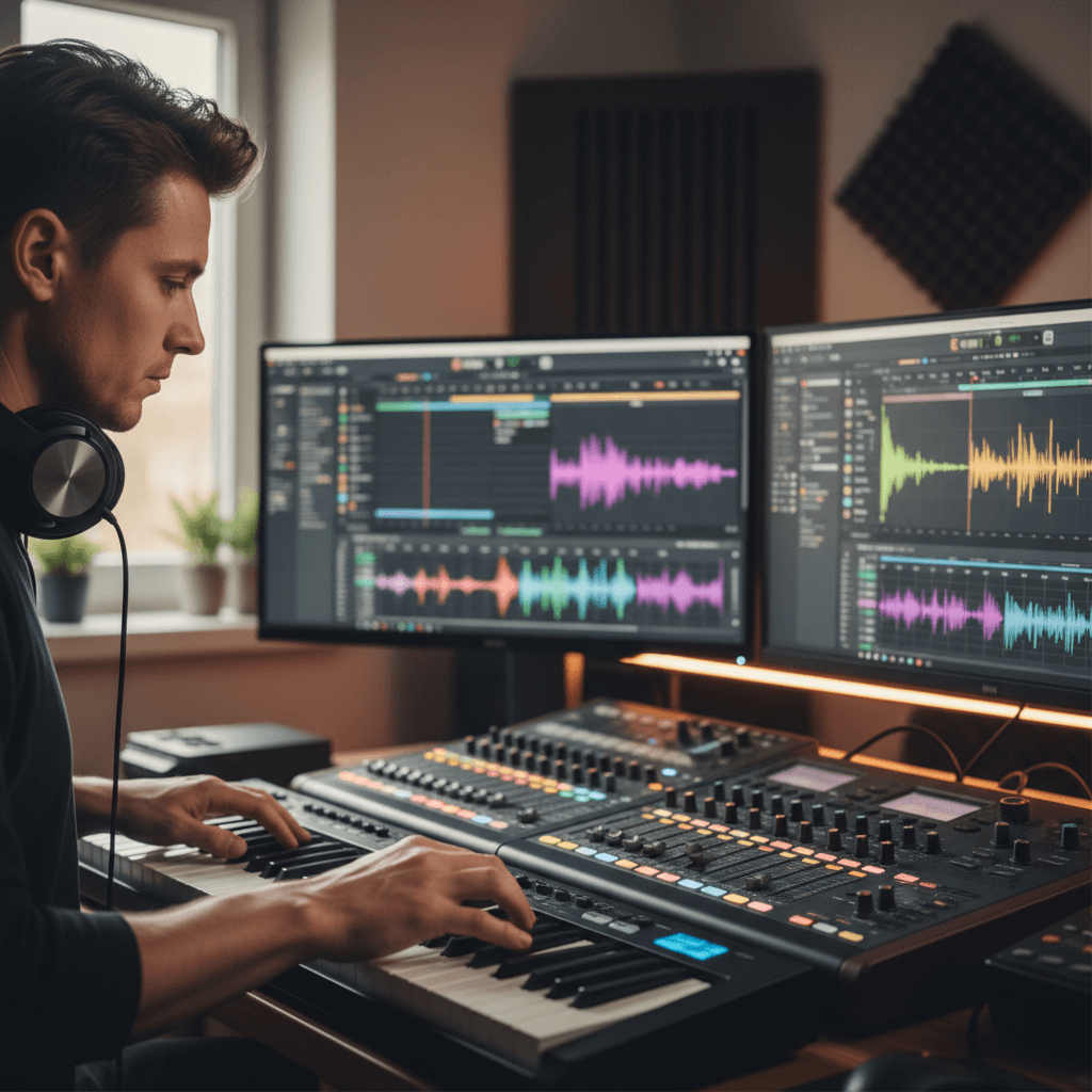 Music production studio with mixing equipment and modern lighting setup