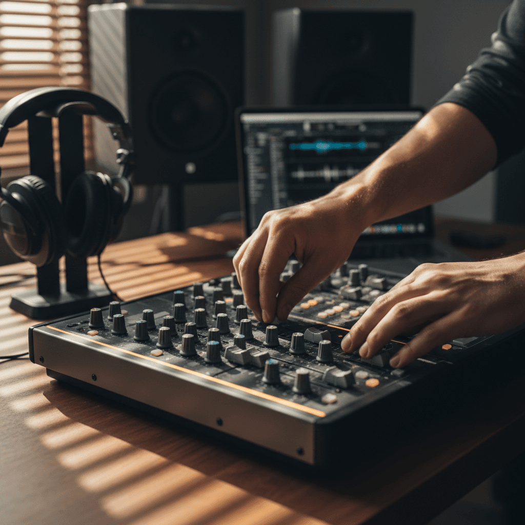 David McElroy working at Unreal Records music archive and production workspace