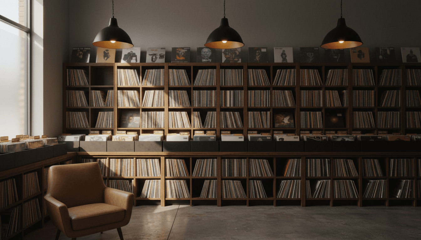 Vinyl record collection on shelf
