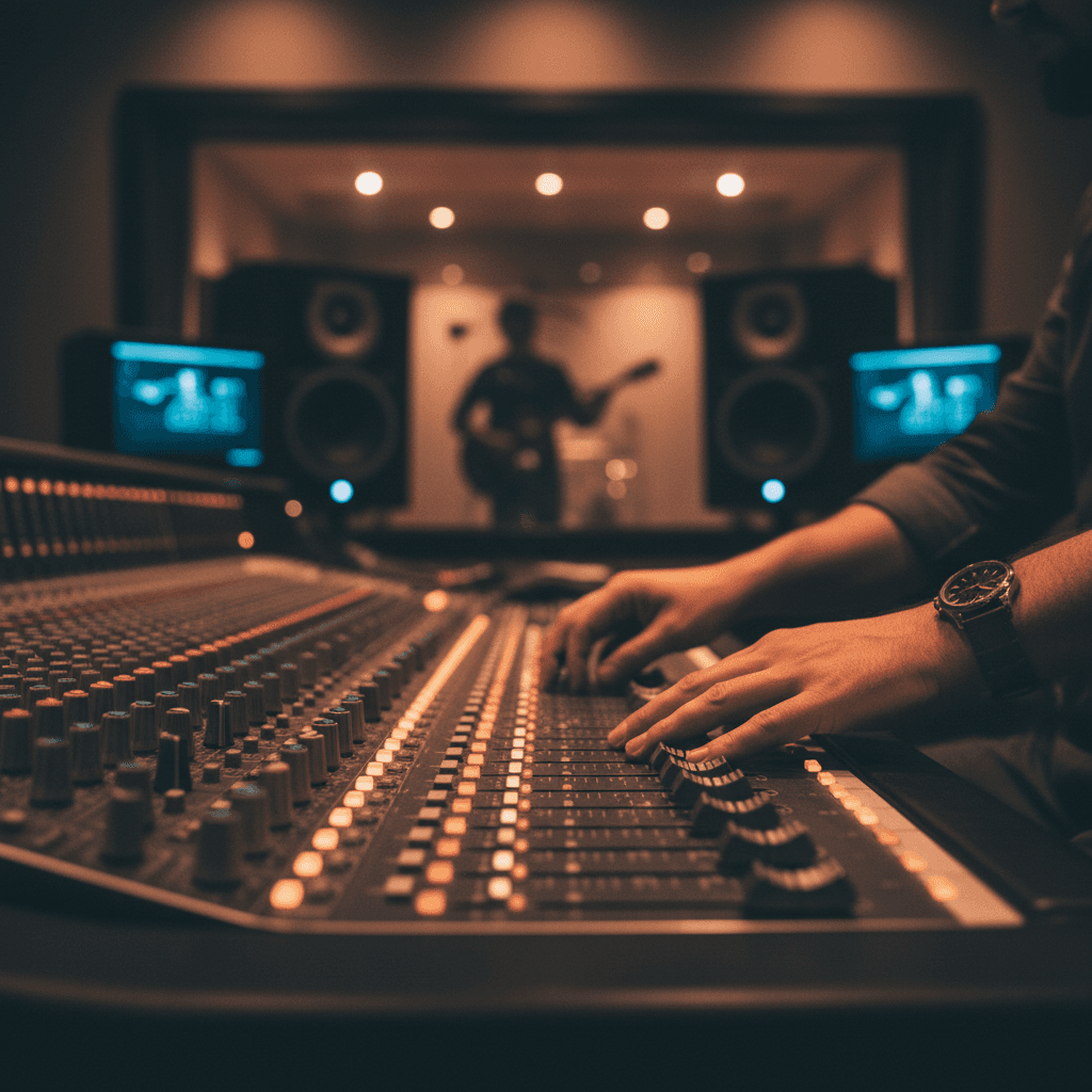 Music producer working at mixing console