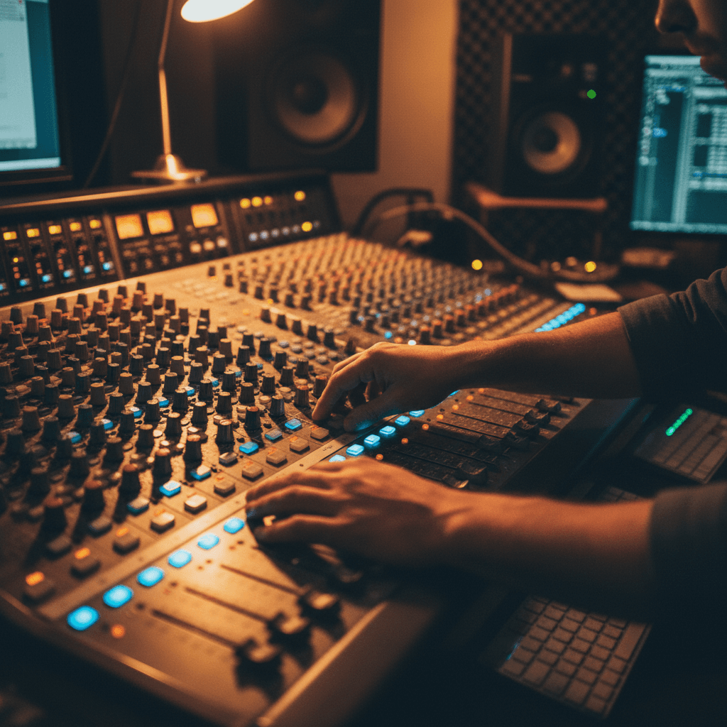 Professional music studio with vinyl records and mixing equipment