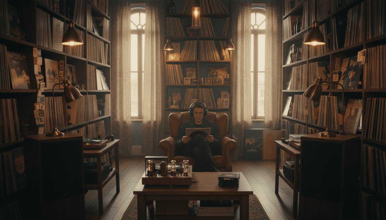 Limited edition vinyl records and merchandise on display