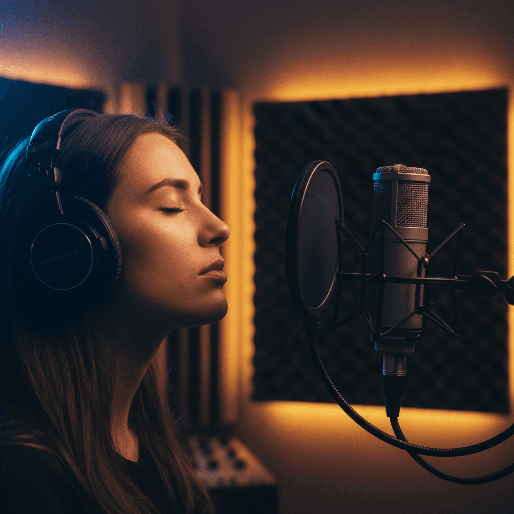 Artist in recording studio at microphone