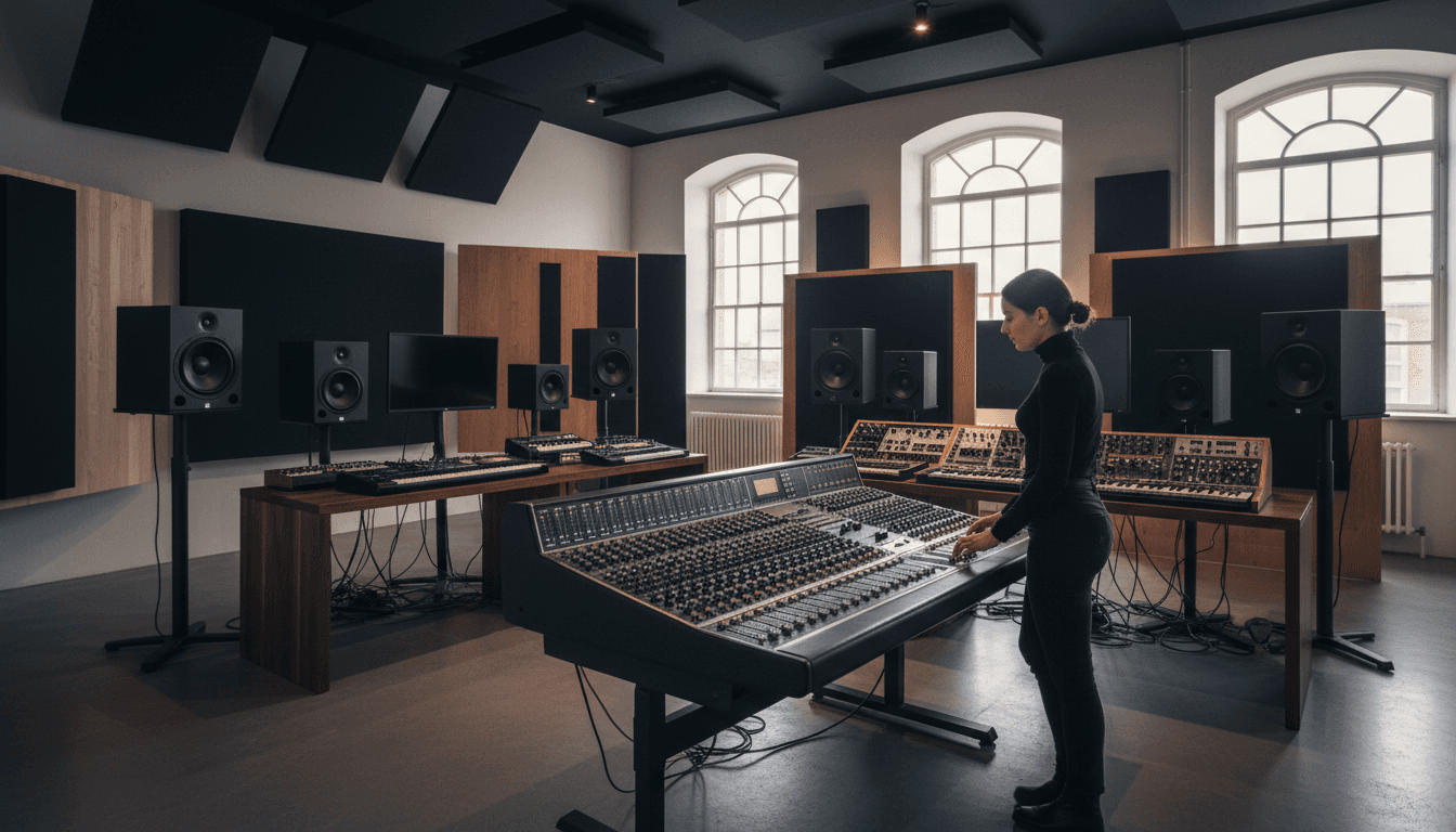 Professional music studio setup with vinyl records and audio equipment