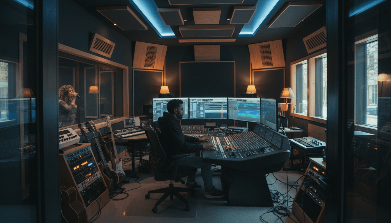 Professional music studio with vinyl records and audio equipment